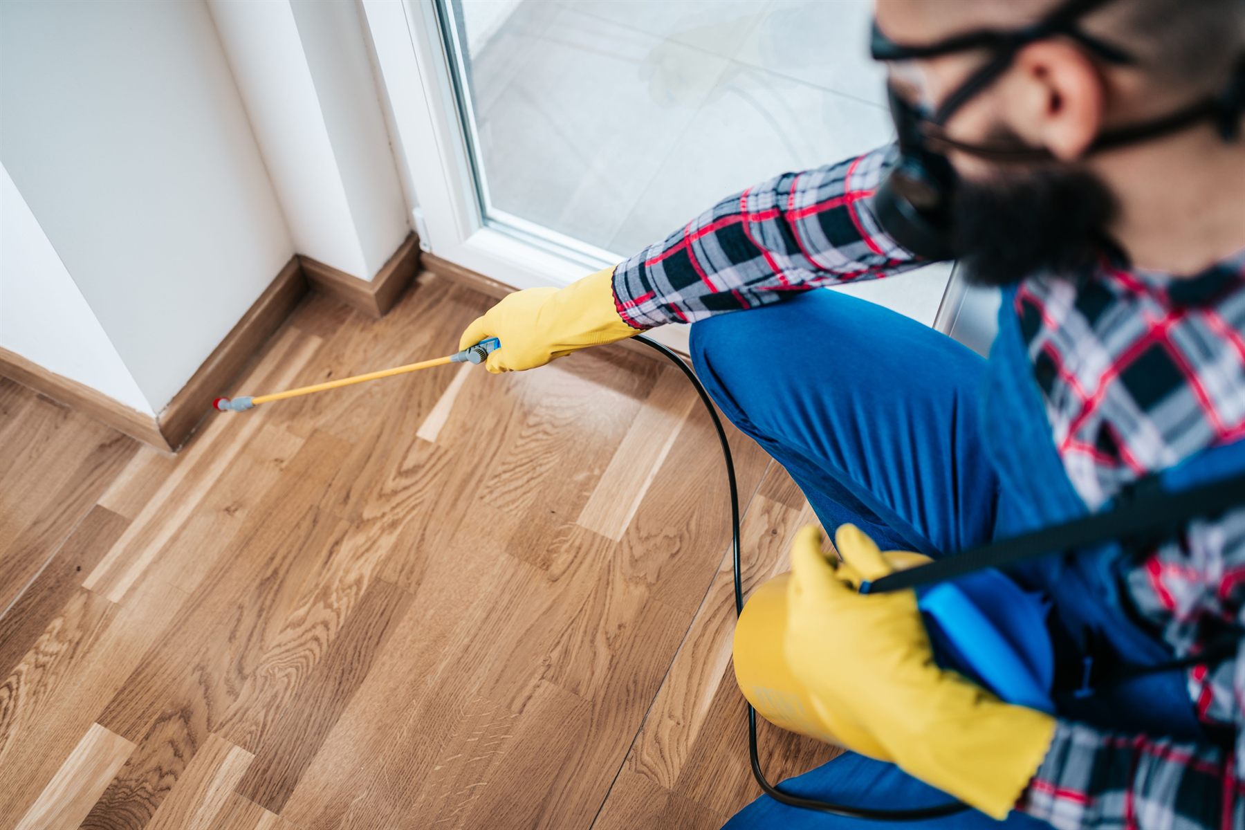 Technicien masqué pulvérisant un traitement près d'une fenêtre